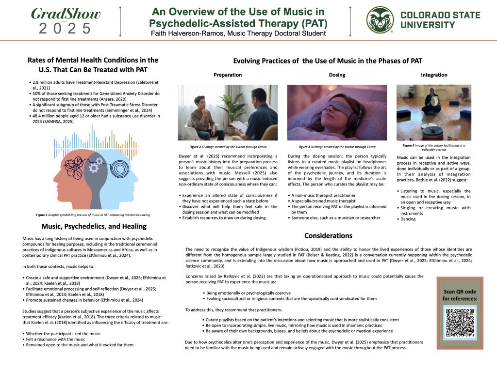 A graduate student poster providing an overview of the use of music in psychedelic-assisted therapy. It begins with rates of mental health conditions in the U.S. that can be treated with PAT. This is followed by an overview of the co-occuring uses of music and psychedelics within a healing context. The next section provides information about how music is used in the three phases of PAT. The poster ends with considerations for the use of music in PAT.